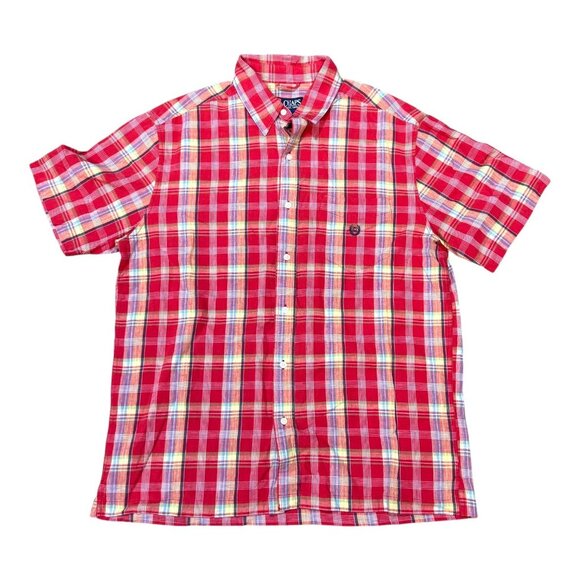 Chaps Mens Red Plaid Short-Sleeve Button-Up Shirt L 55% Linen 45% Cotton Casual - Picture 1 of 5